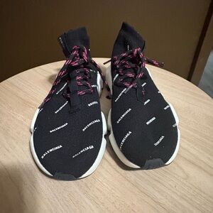 Balenciaga Black Knit Logo Sock Sneakers with Pink Detail